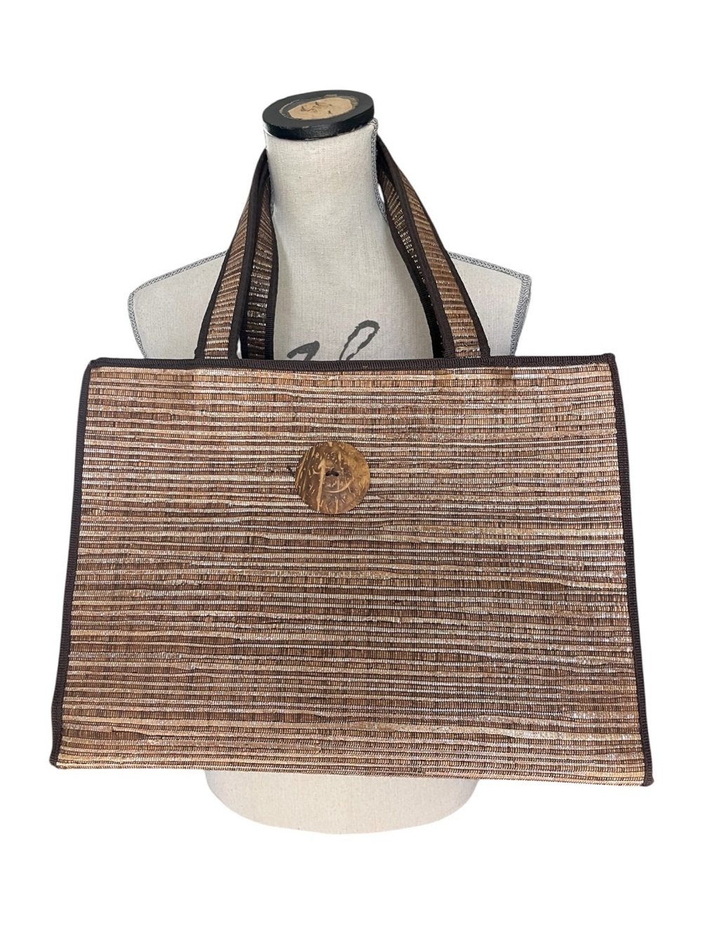 Brown/Natural Silver Threading Woven Straw Tote Bag